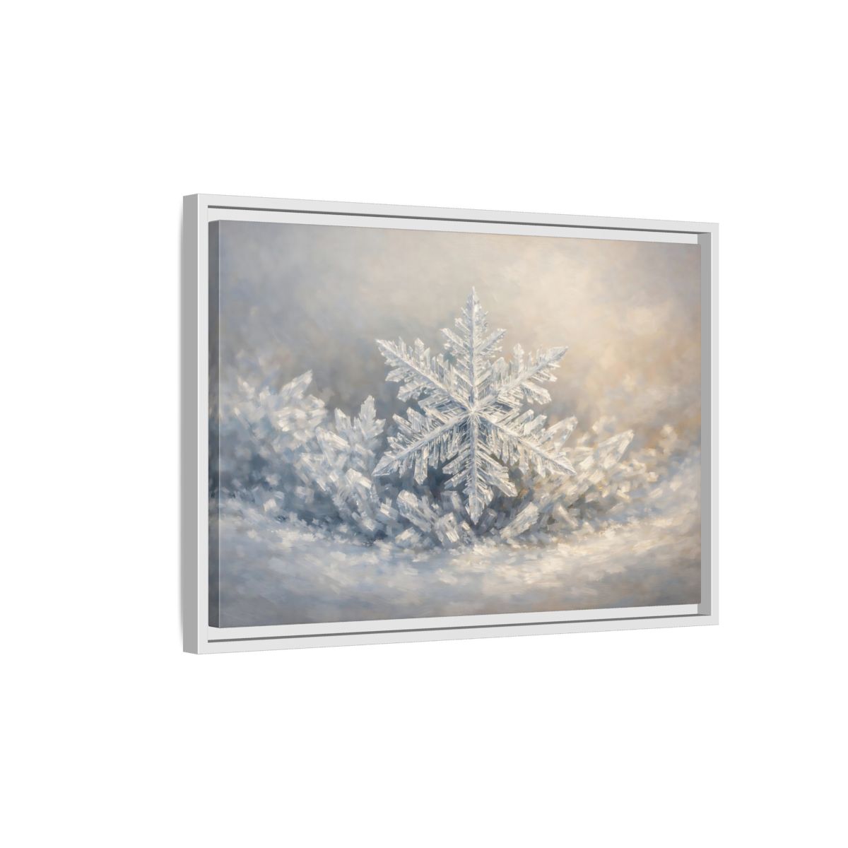 Side Mockup 1. Nature Snowflake White Snowflake shown as stretched canvas wall art