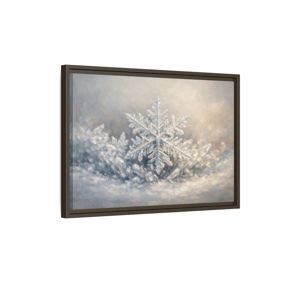 Side Mockup 2. Nature Snowflake White Snowflake shown as stretched canvas wall art
