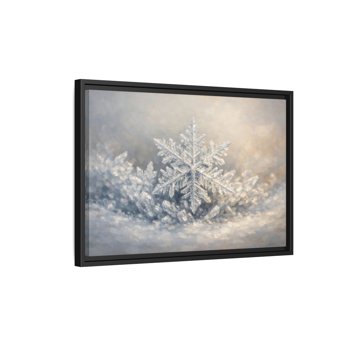 Side Mockup 3. Nature Snowflake White Snowflake shown as stretched canvas wall art