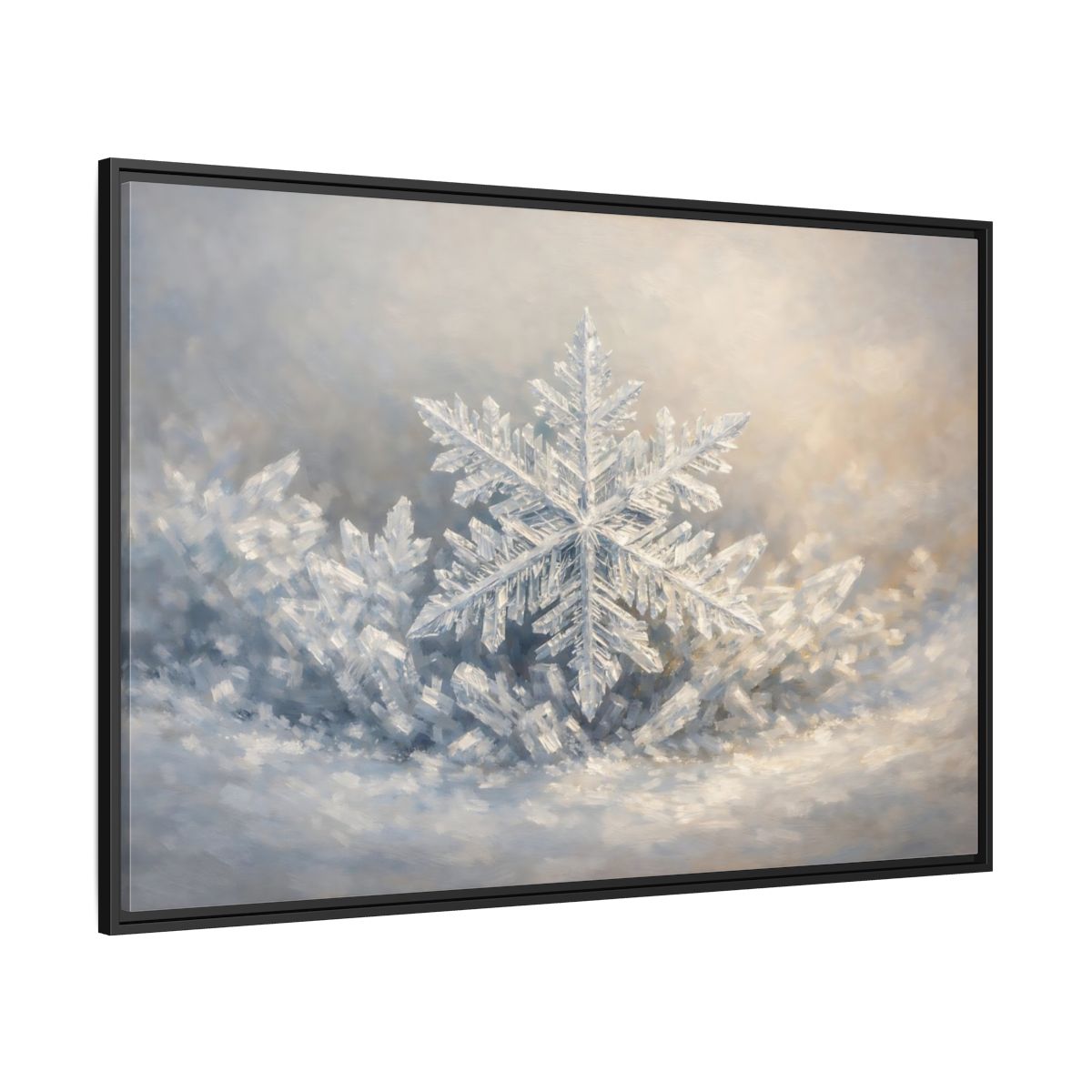Side Mockup 12. Nature Snowflake White Snowflake shown as stretched canvas wall art