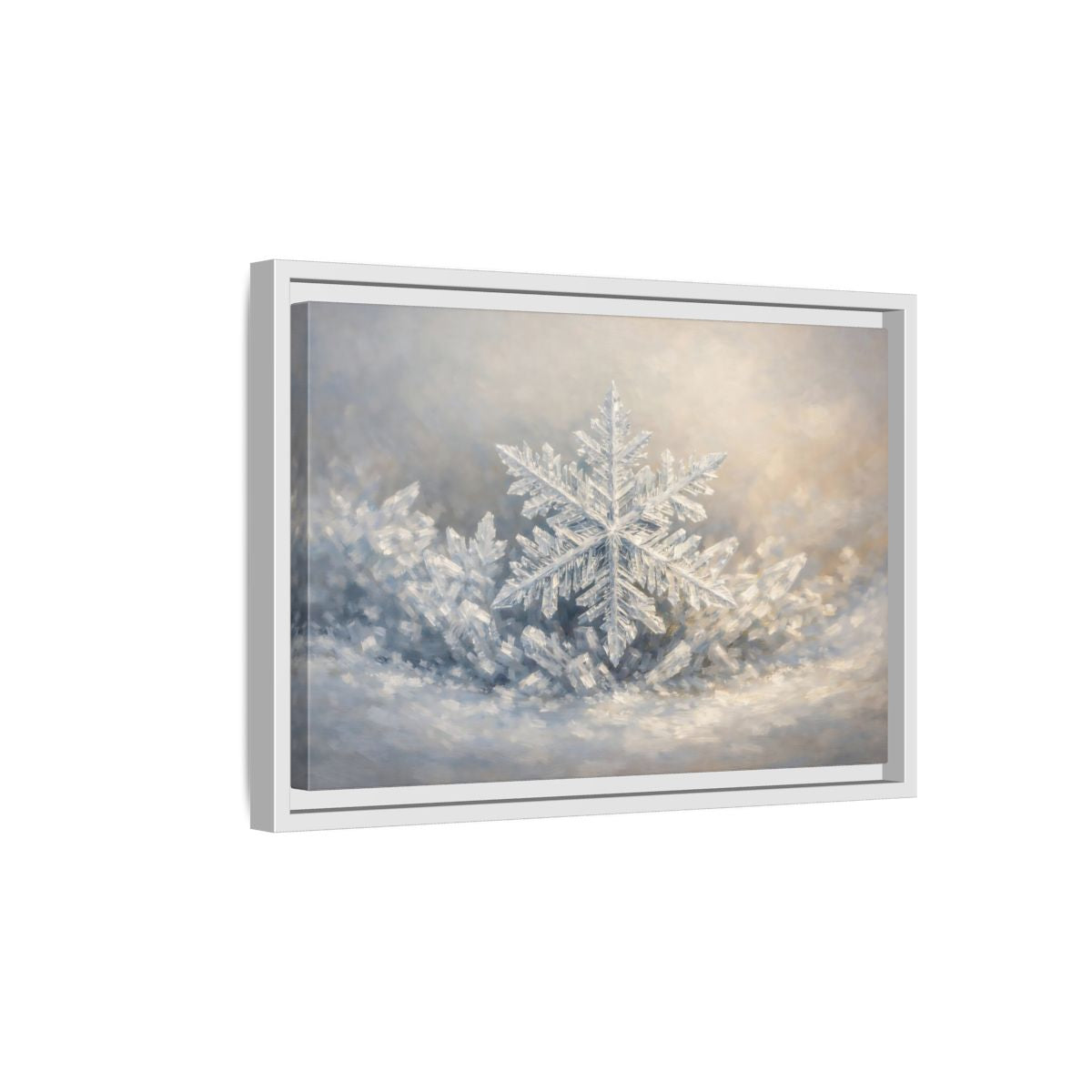 Side Mockup 4. Nature Snowflake White Snowflake shown as stretched canvas wall art