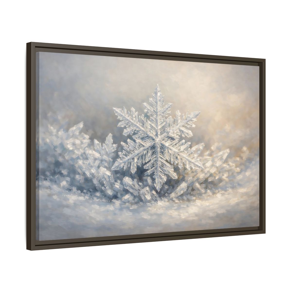 Side Mockup 11. Nature Snowflake White Snowflake shown as stretched canvas wall art