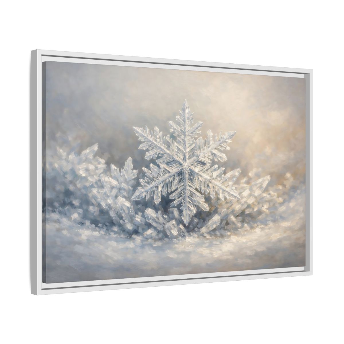Side Mockup 10. Nature Snowflake White Snowflake shown as stretched canvas wall art