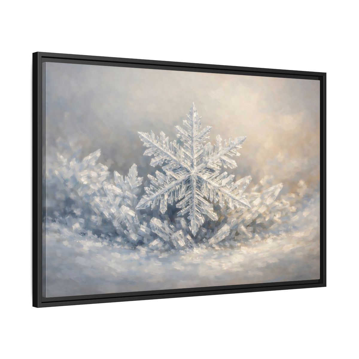 Side Mockup 13. Nature Snowflake White Snowflake shown as stretched canvas wall art