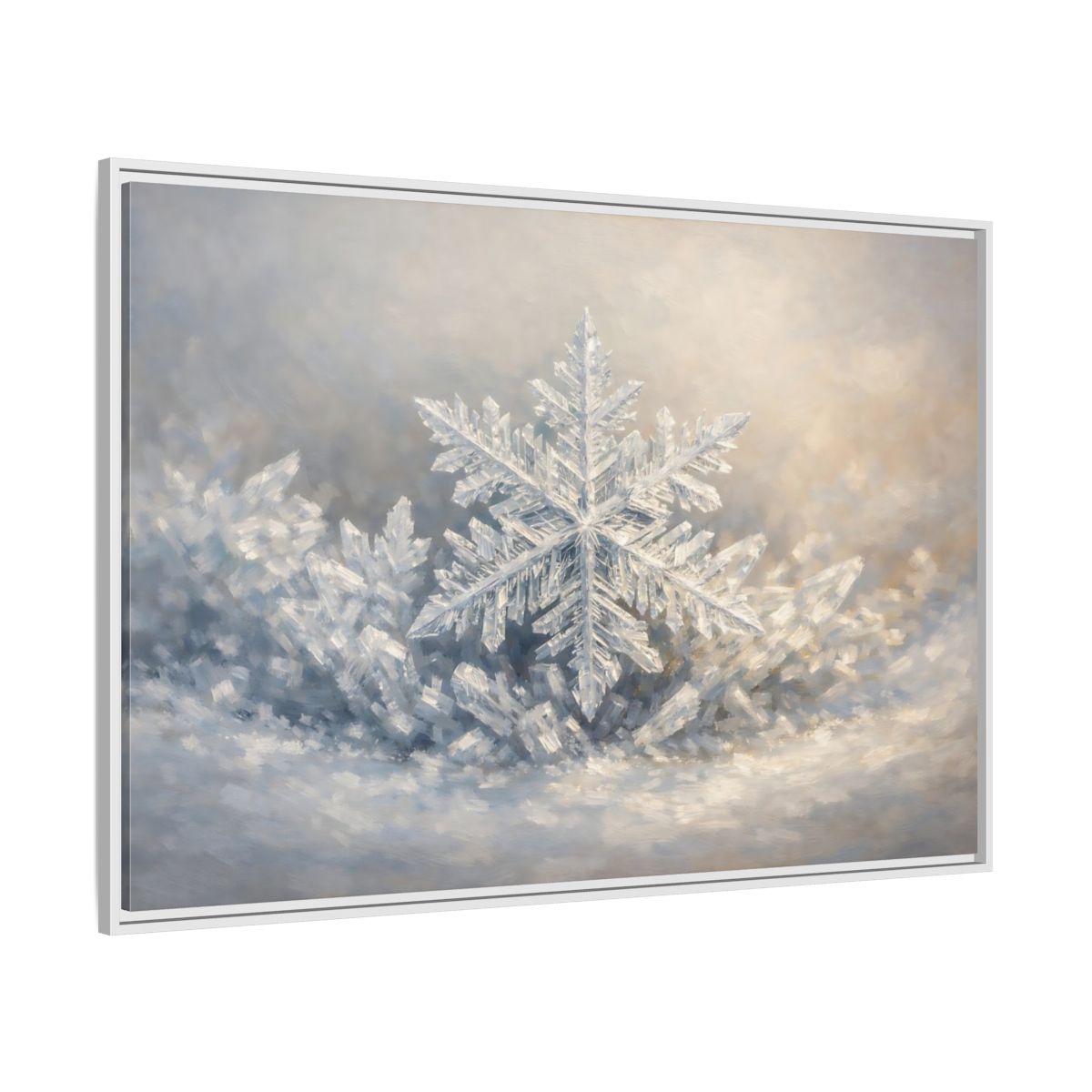 Side Mockup 7. Nature Snowflake White Snowflake shown as stretched canvas wall art