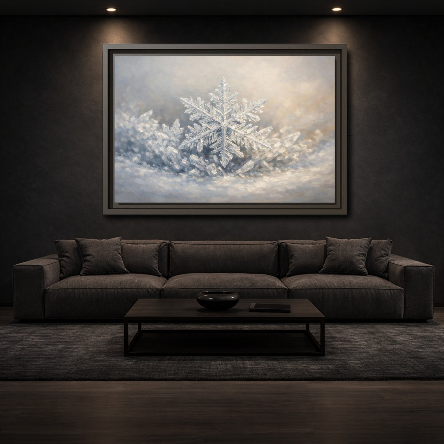 Mockup 2. Nature Snowflake White Snowflake shown as stretched canvas wall art