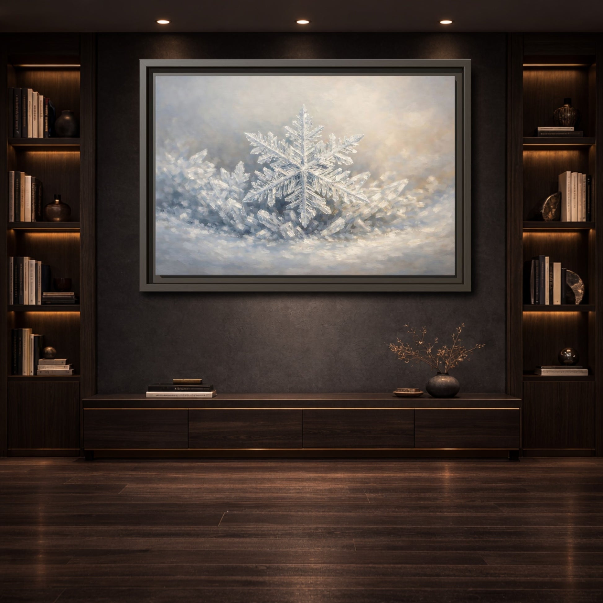 Mockup 3. Nature Snowflake White Snowflake shown as stretched canvas wall art