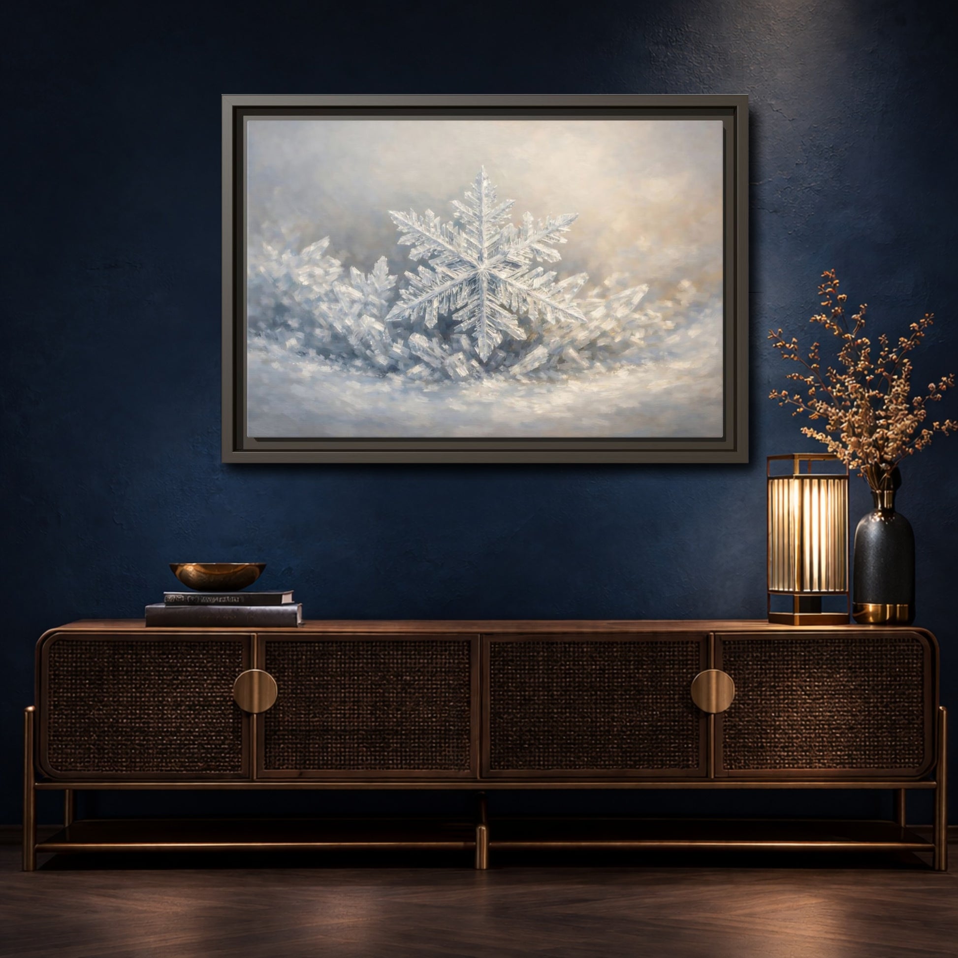 Mockup 4. Nature Snowflake White Snowflake shown as stretched canvas wall art