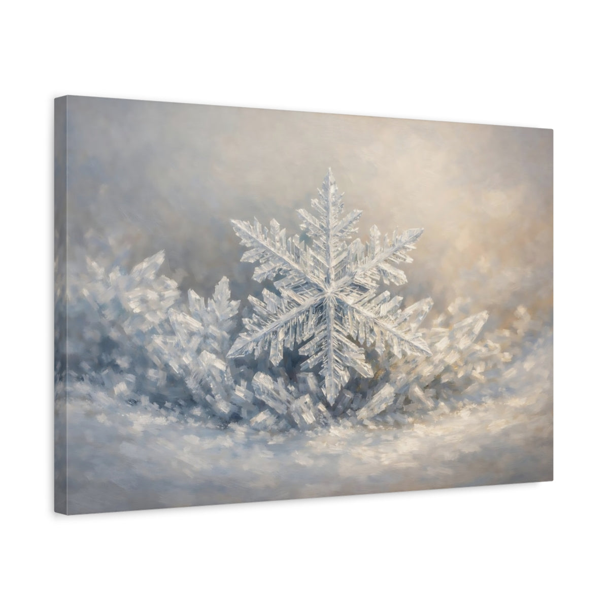 Side Mockup 3. Nature Snowflake Winter Snowflake shown as stretched canvas wall art