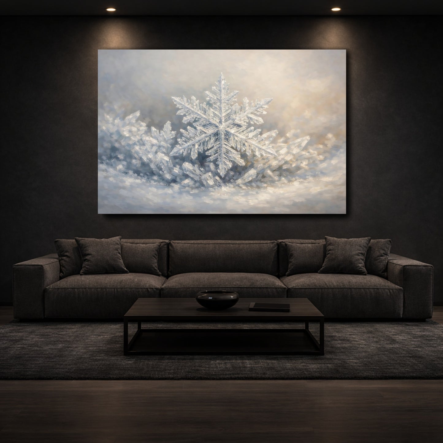 Mockup 2. Nature Snowflake Winter Snowflake shown as stretched canvas wall art