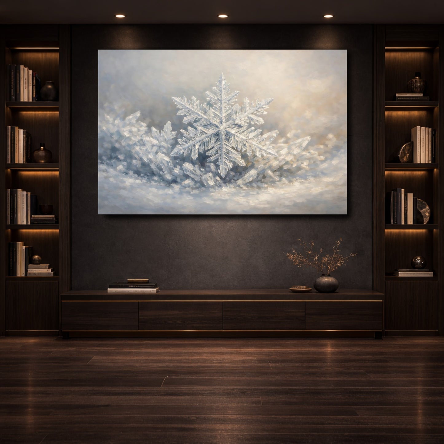 Mockup 3. Nature Snowflake Winter Snowflake shown as stretched canvas wall art