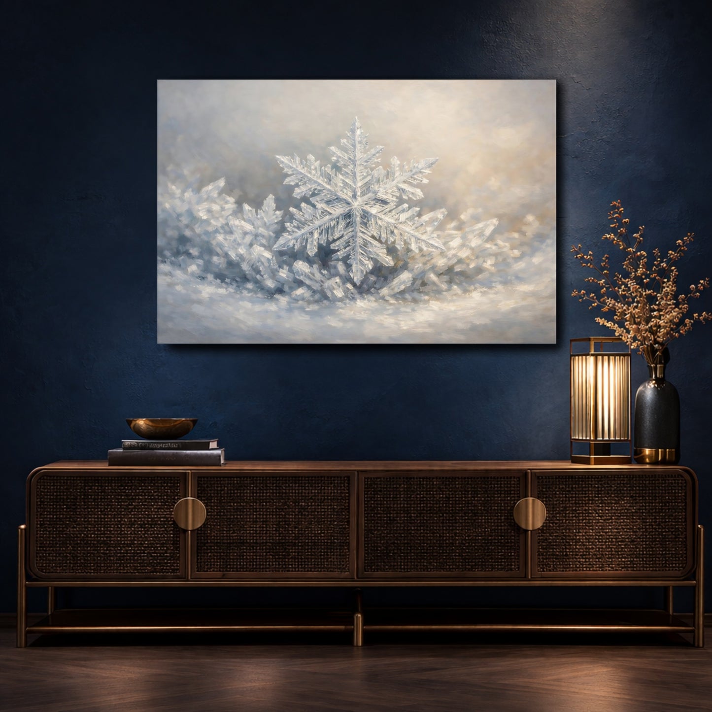 Mockup 4. Nature Snowflake Winter Snowflake shown as stretched canvas wall art