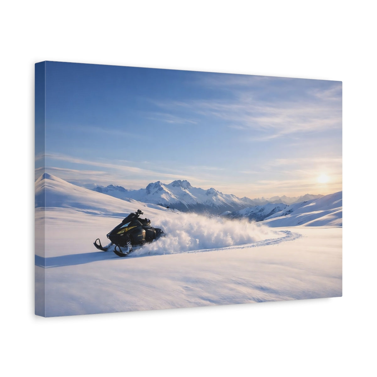 Side Mockup 4. Nature Snowmobile Winter Snowmobile Mountains shown as stretched canvas wall art