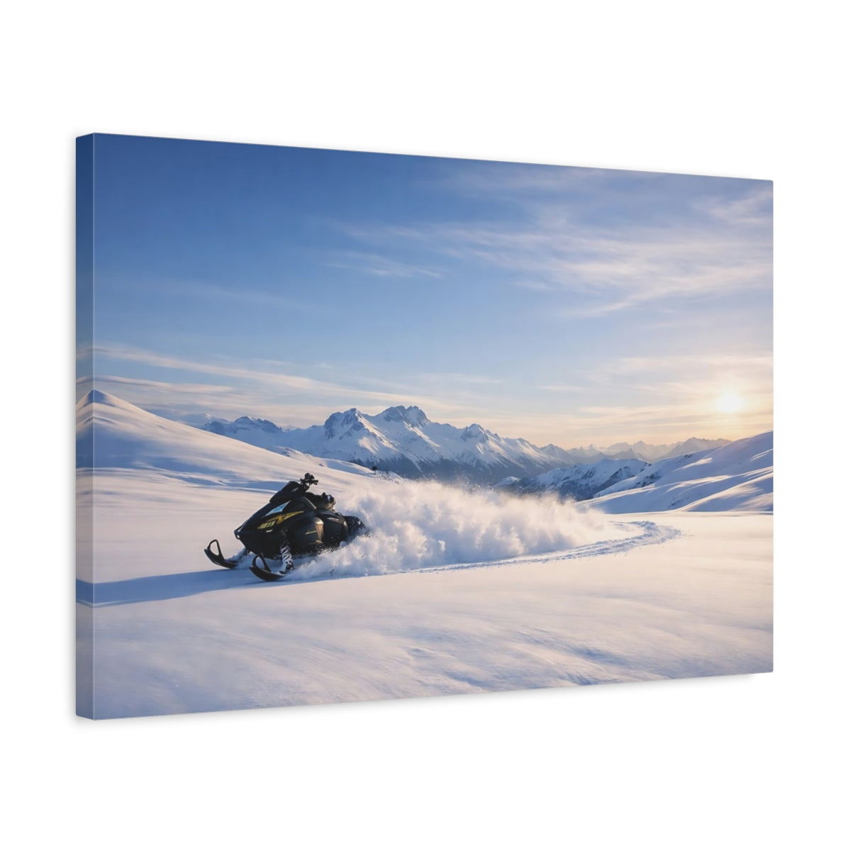 Side Mockup 3. Nature Snowmobile Winter Snowmobile Mountains shown as stretched canvas wall art