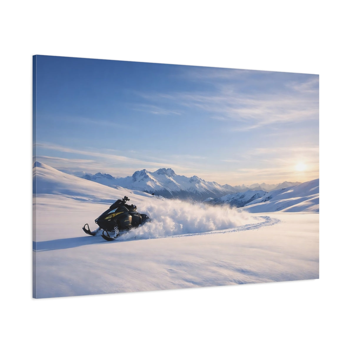 Side Mockup 1. Nature Snowmobile Winter Snowmobile Mountains shown as stretched canvas wall art