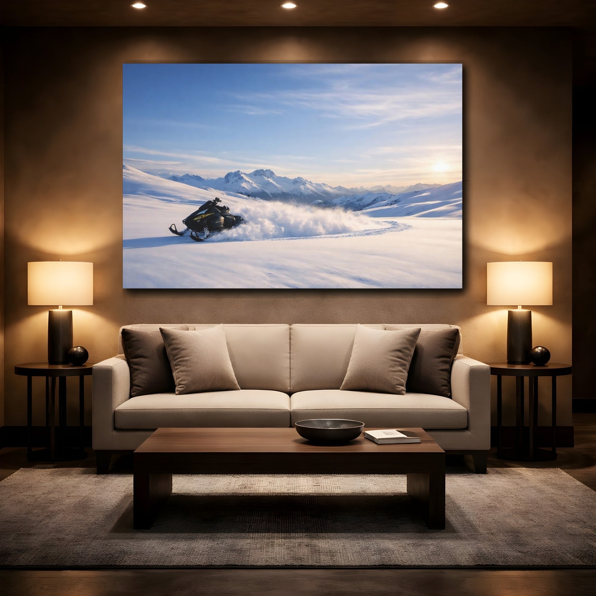 Mockup 2. Nature Snowmobile Winter Snowmobile Mountains shown as stretched canvas wall art