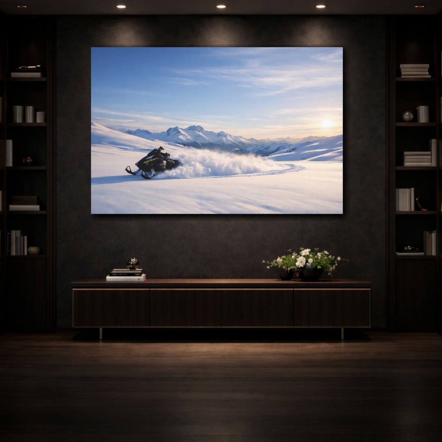 Mockup 3. Nature Snowmobile Winter Snowmobile Mountains shown as stretched canvas wall art