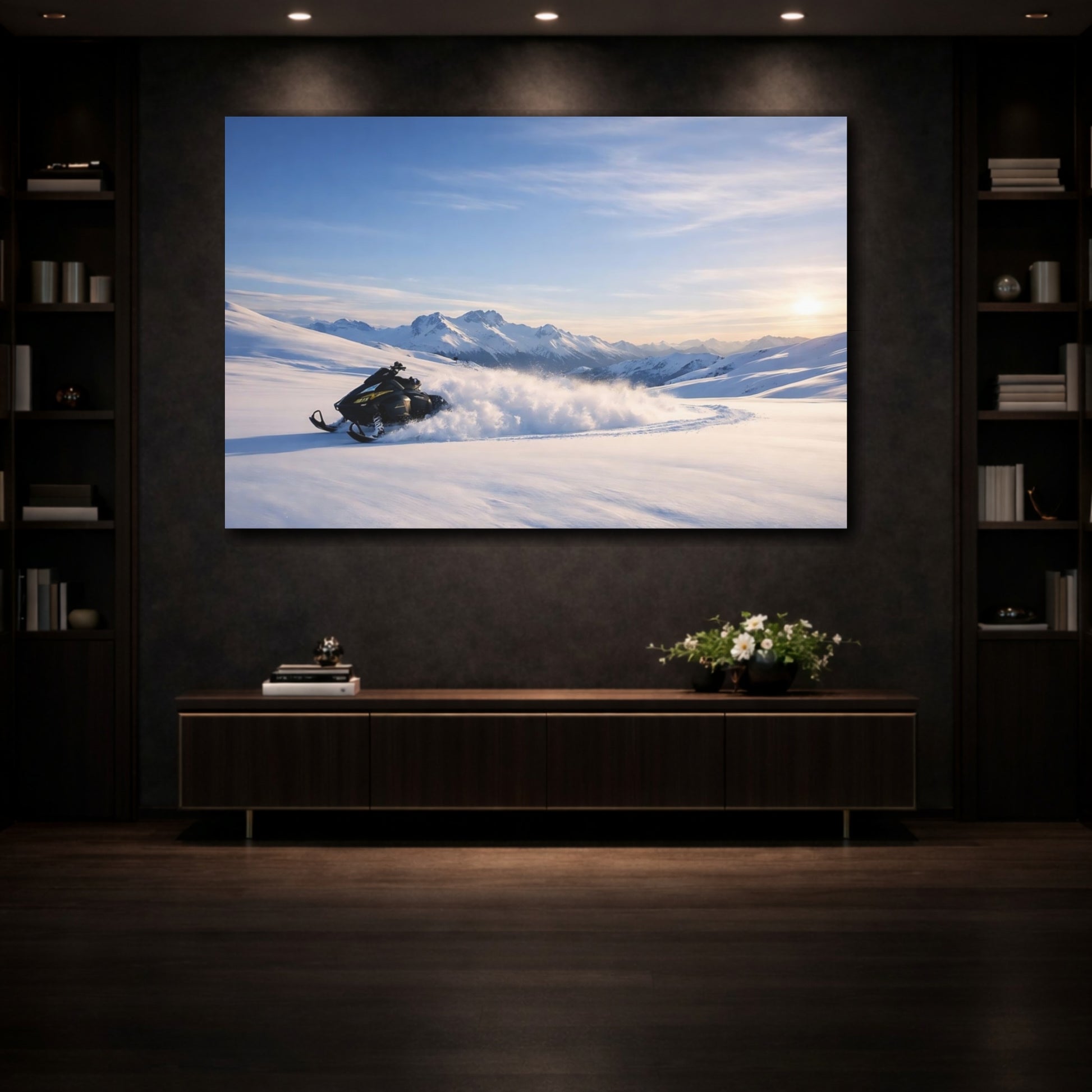 Mockup 3. Nature Snowmobile Winter Snowmobile Mountains shown as stretched canvas wall art