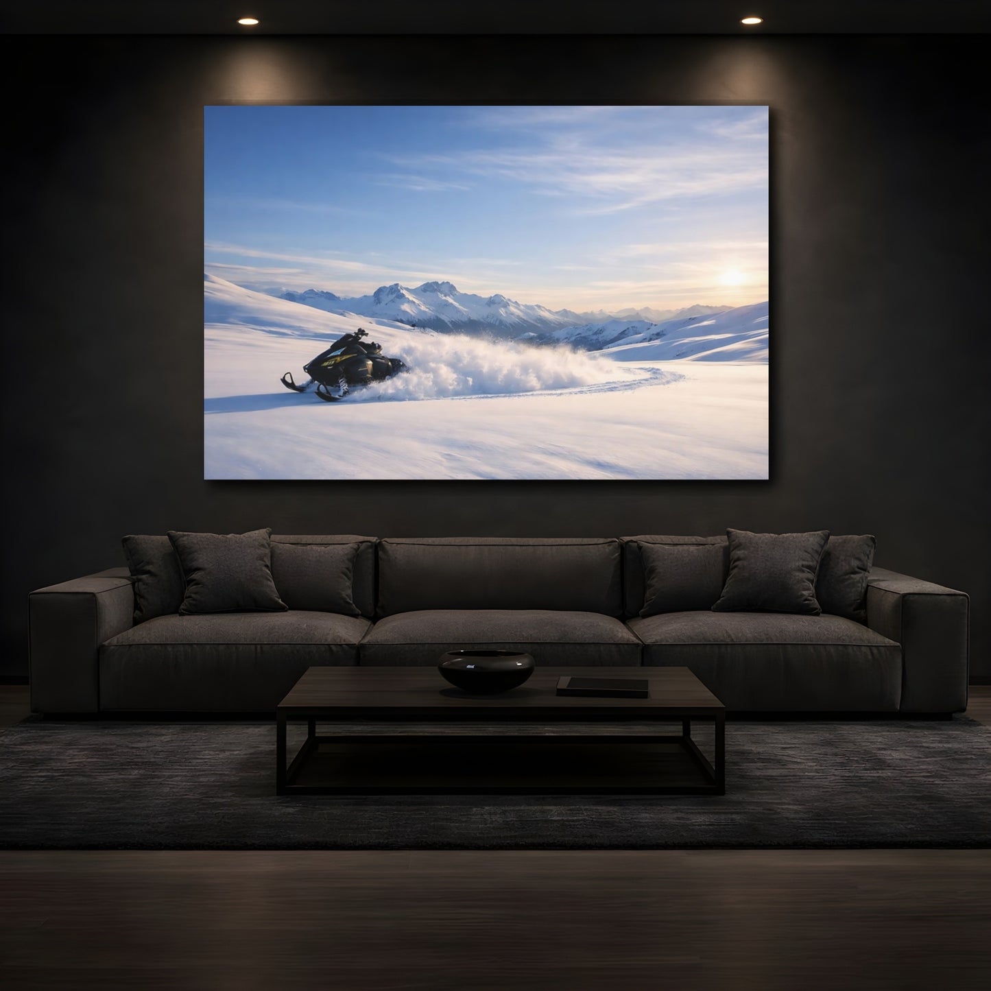 Mockup 4. Nature Snowmobile Winter Snowmobile Mountains shown as stretched canvas wall art
