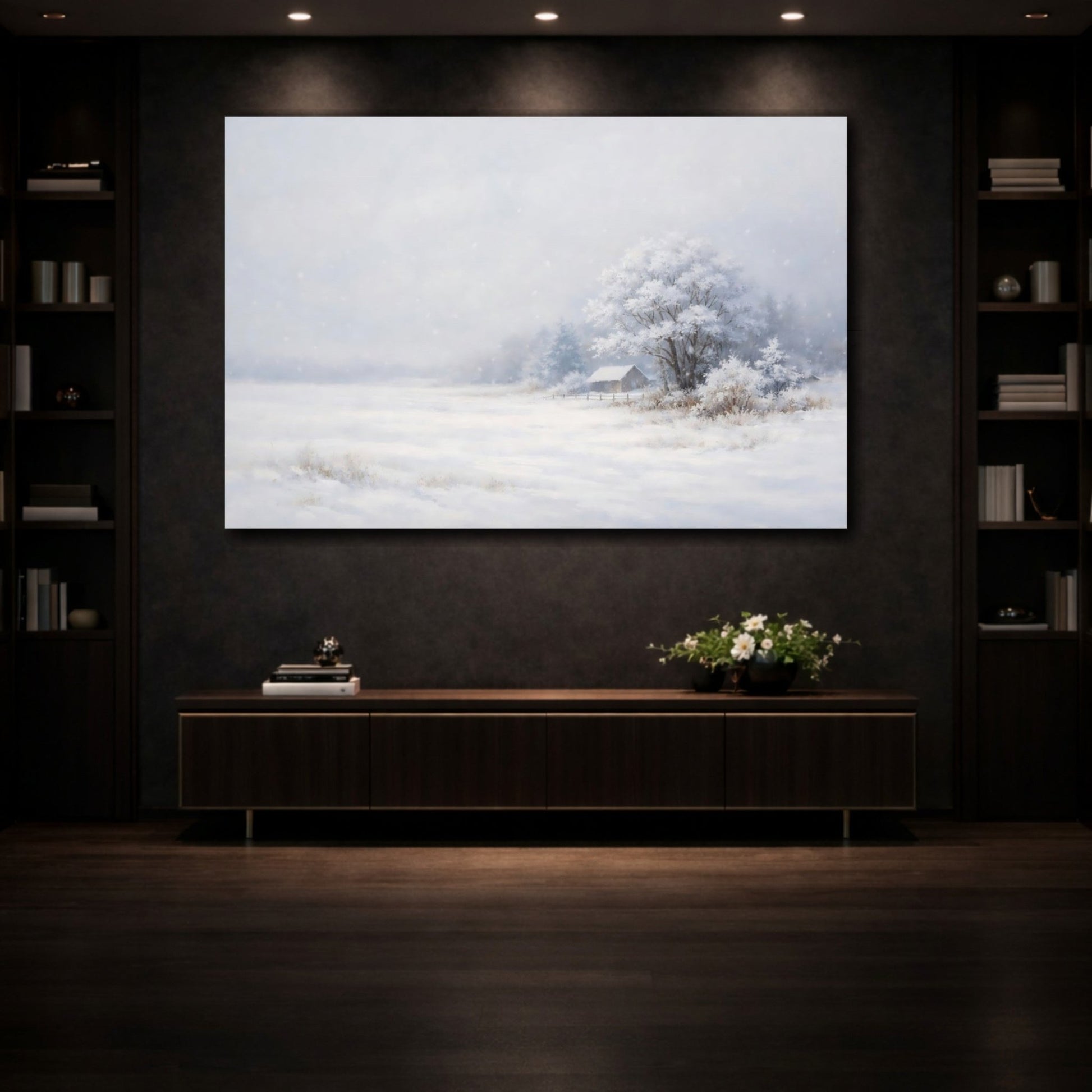 Nature Snowy Cabin White Winter - Canvas Wall Art Print - YesArtYes
