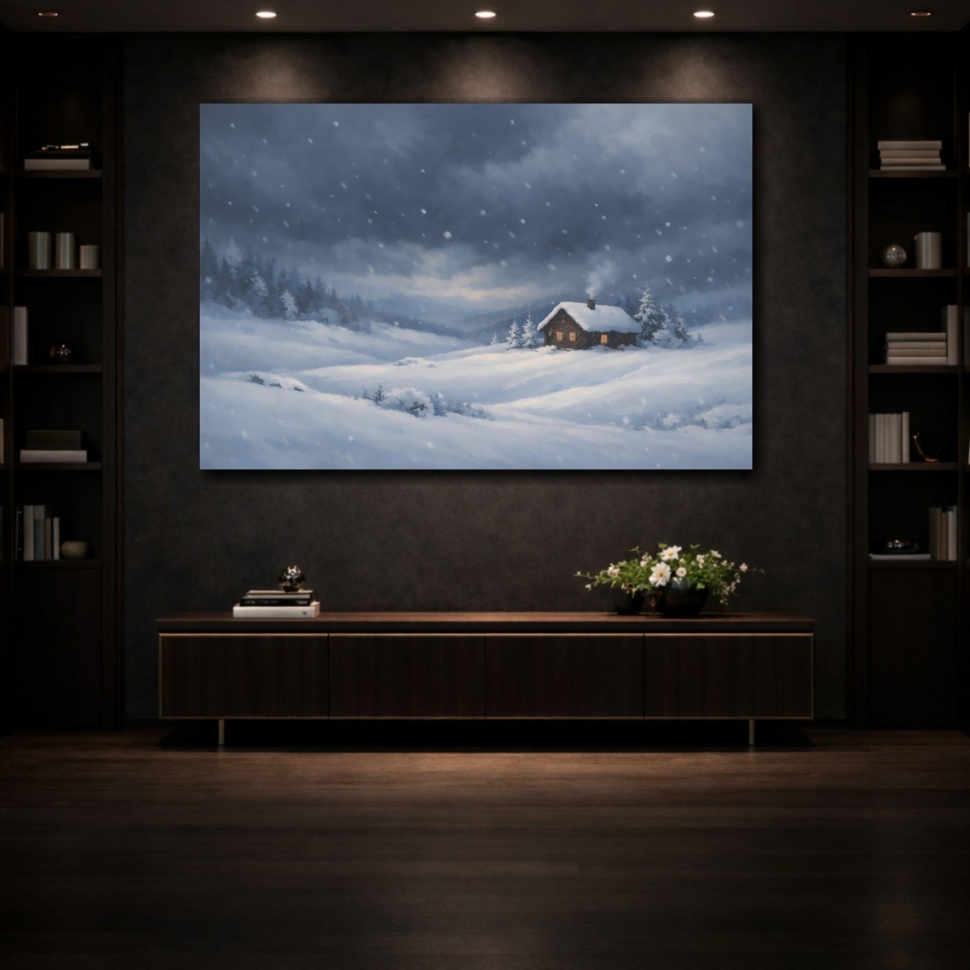 Nature Snowy Cabin Winter Landscape - Canvas Wall Art Print - YesArtYes