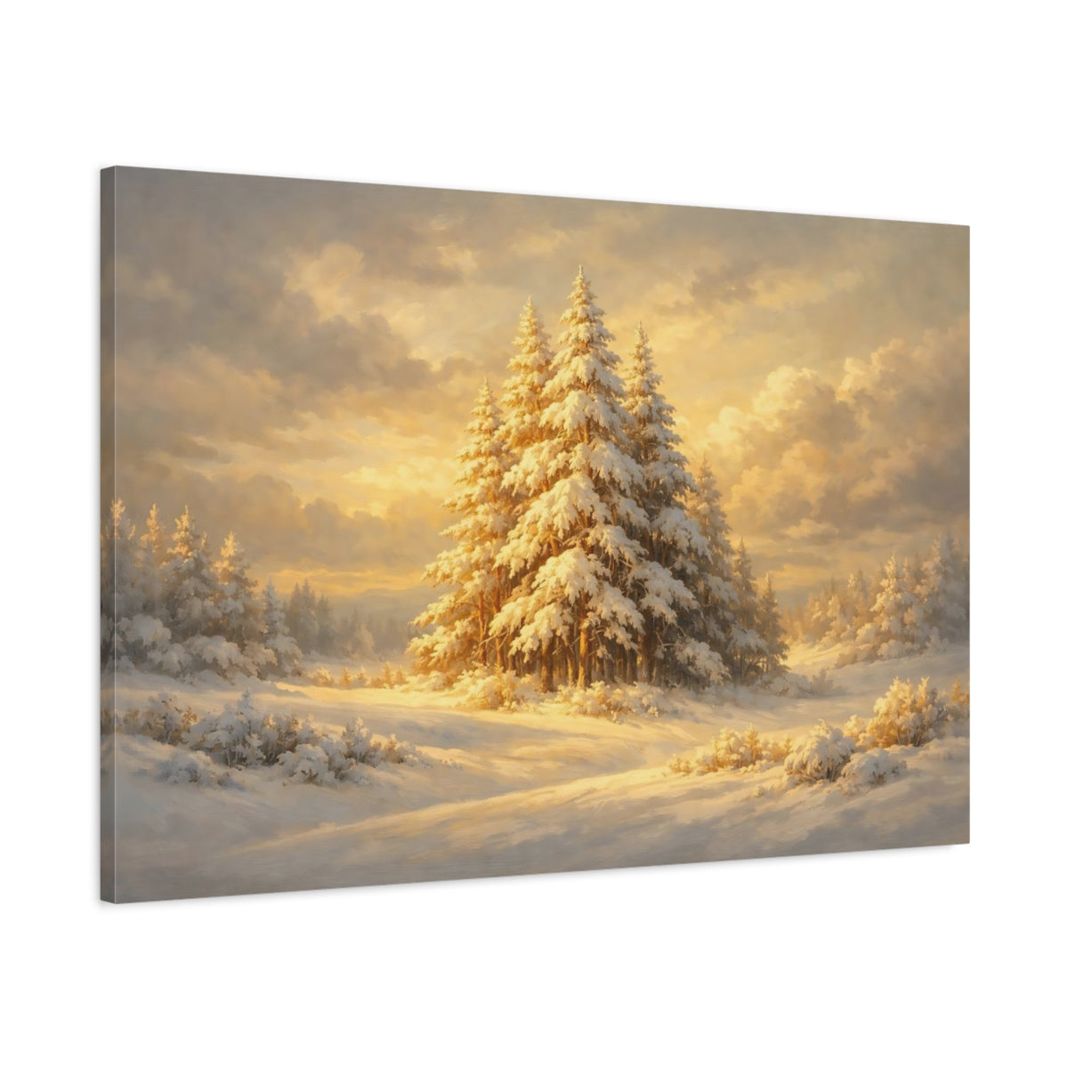 Side Mockup 1. Nature Snowy Forest Golden Winter Forest shown as stretched canvas wall art