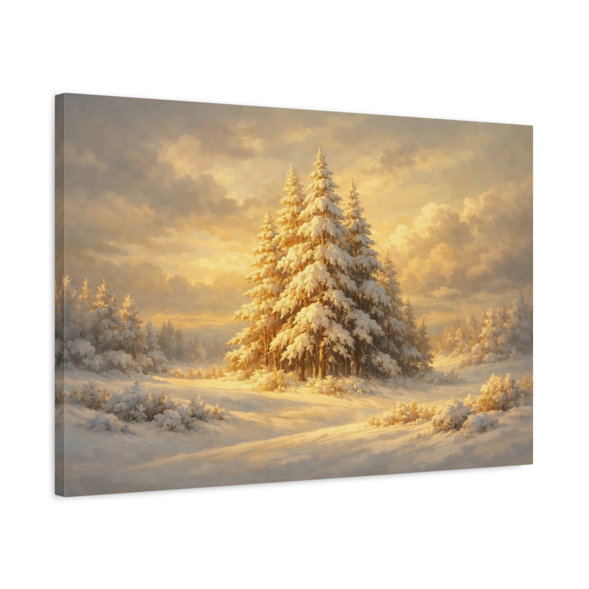 Side Mockup 2. Nature Snowy Forest Golden Winter Forest shown as stretched canvas wall art
