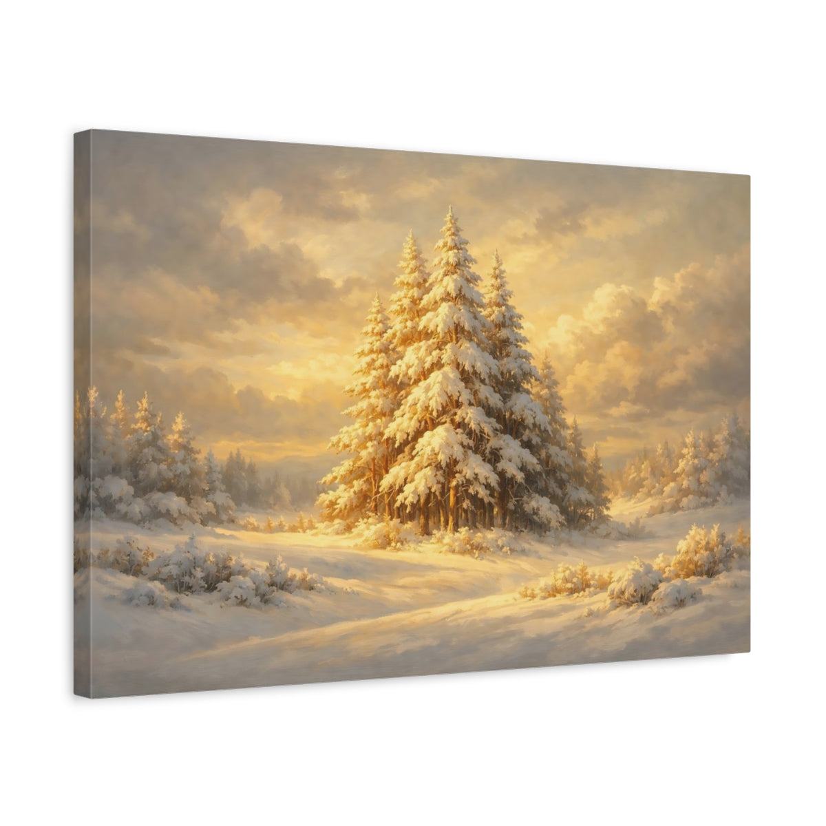 Side Mockup 3. Nature Snowy Forest Golden Winter Forest shown as stretched canvas wall art
