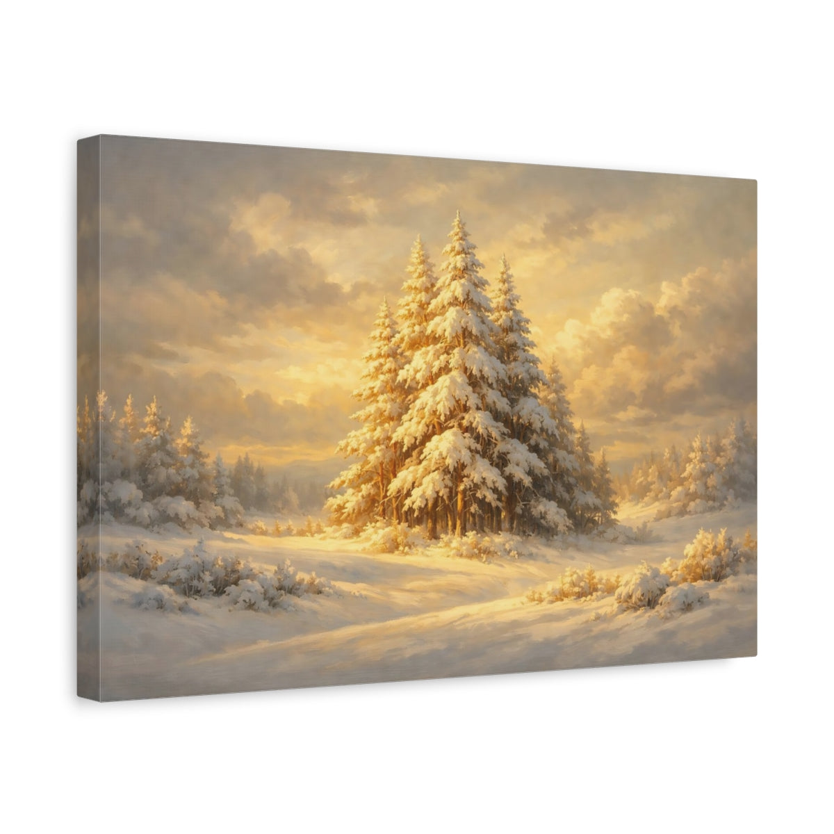 Side Mockup 4. Nature Snowy Forest Golden Winter Forest shown as stretched canvas wall art