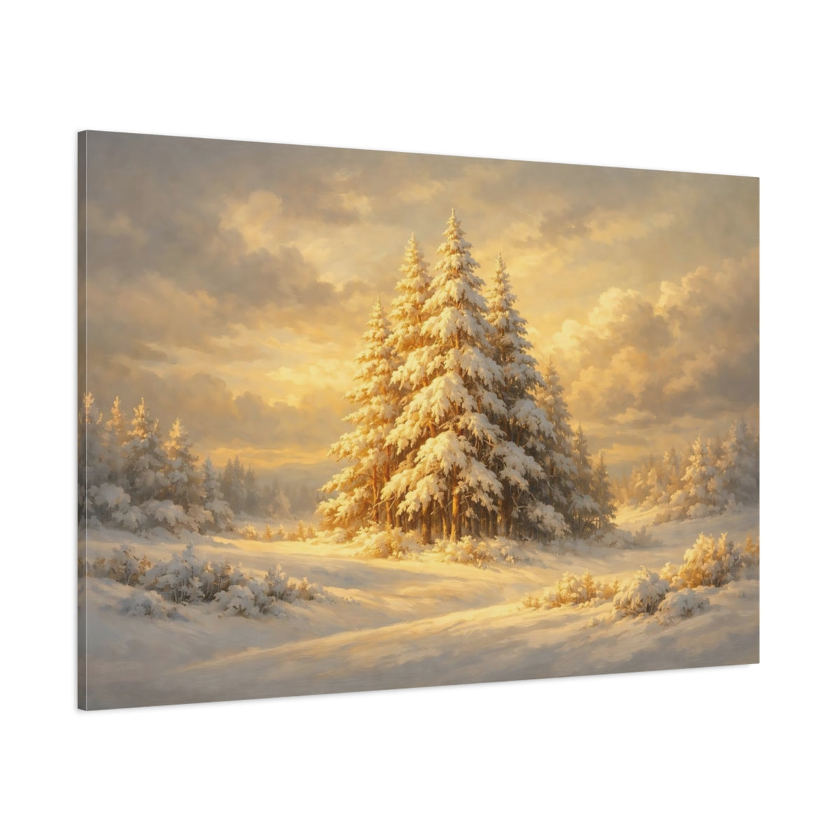 Main Mockup. Nature Snowy Forest Golden Winter Forest shown as stretched canvas wall art