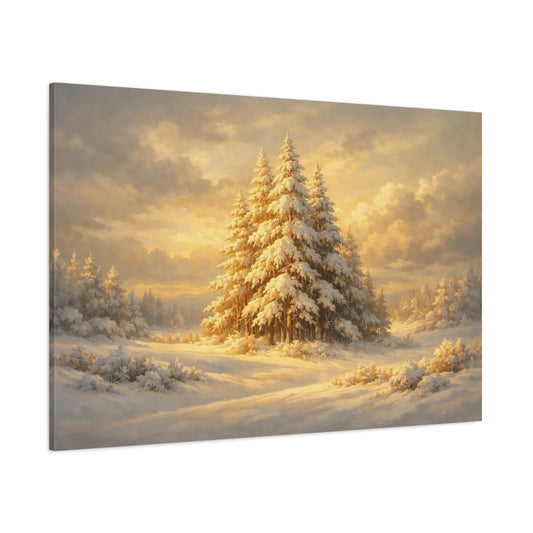 Main Mockup. Nature Snowy Forest Golden Winter Forest shown as stretched canvas wall art