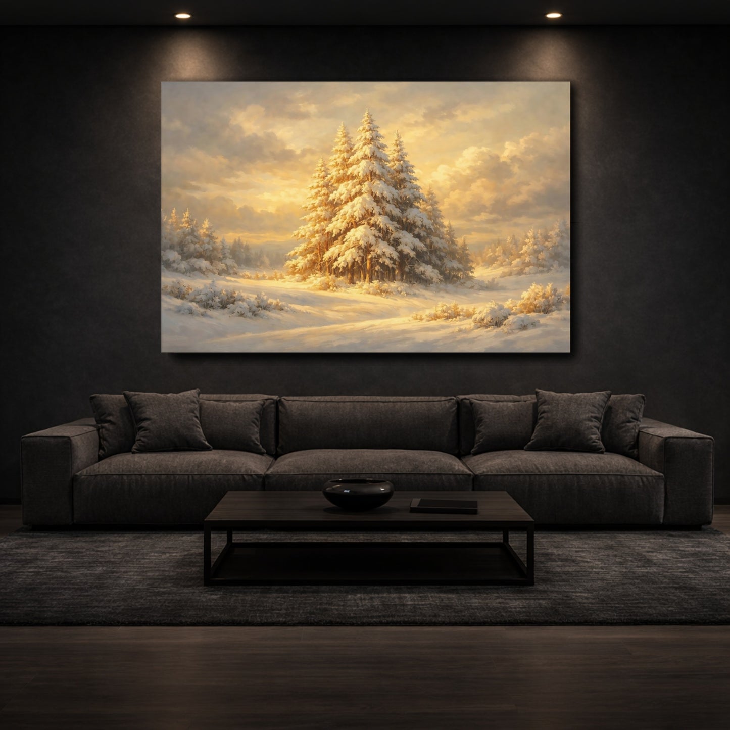 Mockup 2. Nature Snowy Forest Golden Winter Forest shown as stretched canvas wall art