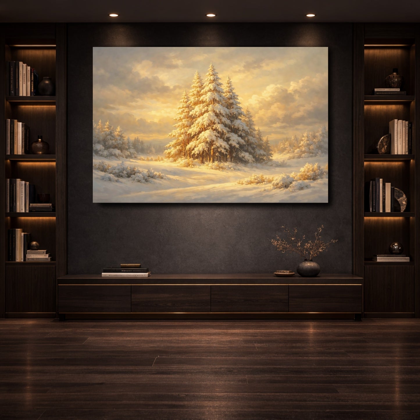 Mockup 3. Nature Snowy Forest Golden Winter Forest shown as stretched canvas wall art