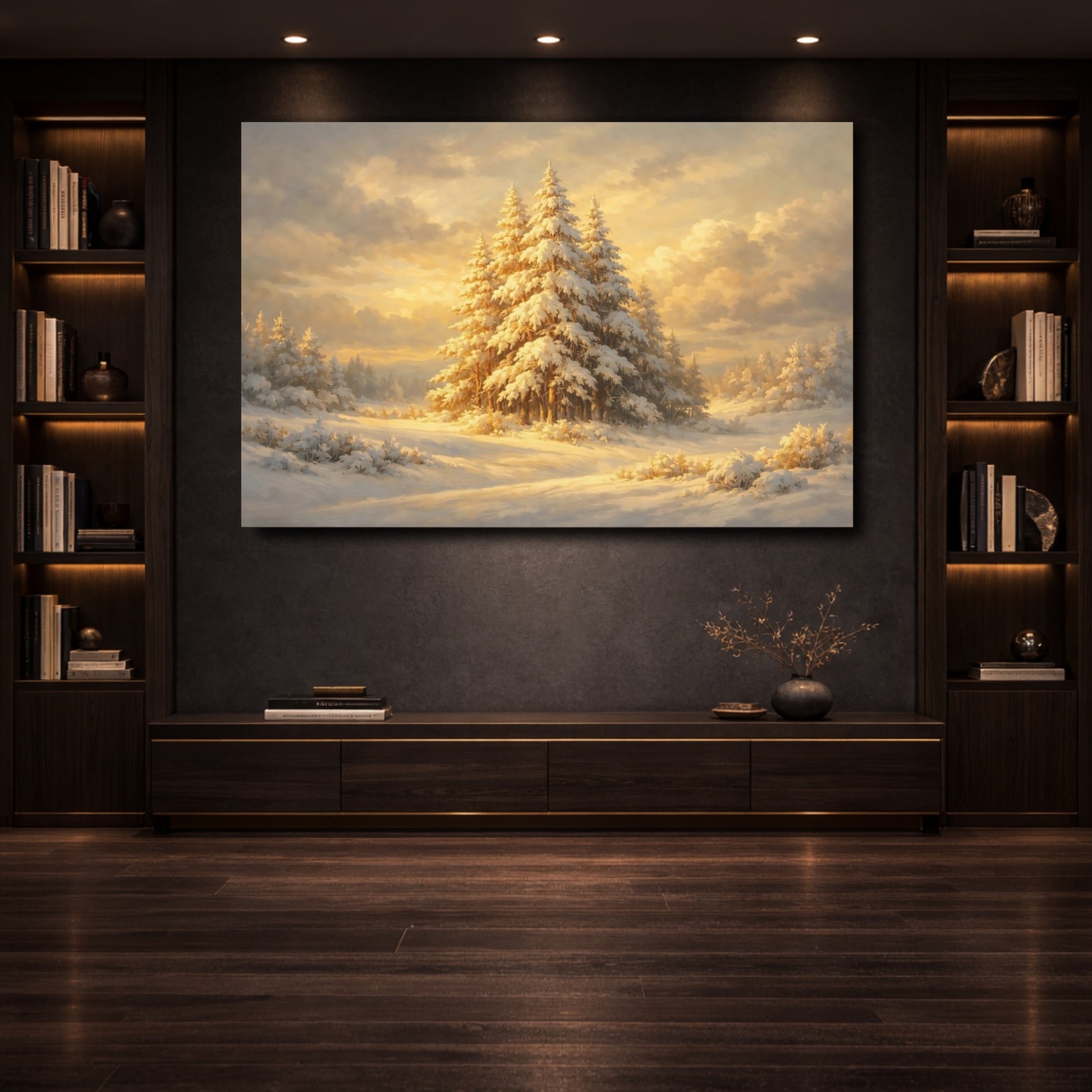 Mockup 3. Nature Snowy Forest Golden Winter Forest shown as stretched canvas wall art