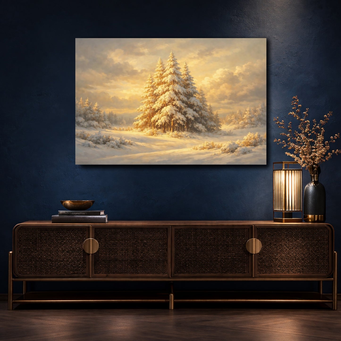 Mockup 4. Nature Snowy Forest Golden Winter Forest shown as stretched canvas wall art