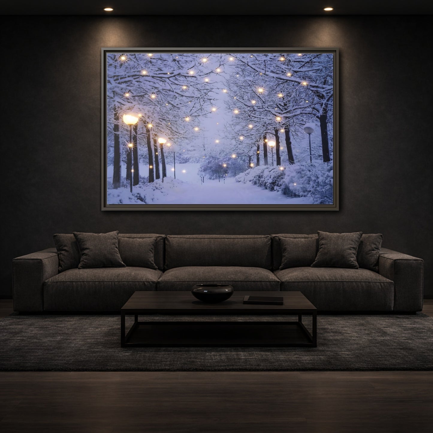 Mockup 2. Nature Snowy Forest Snowy Forest Lights shown as stretched canvas wall art