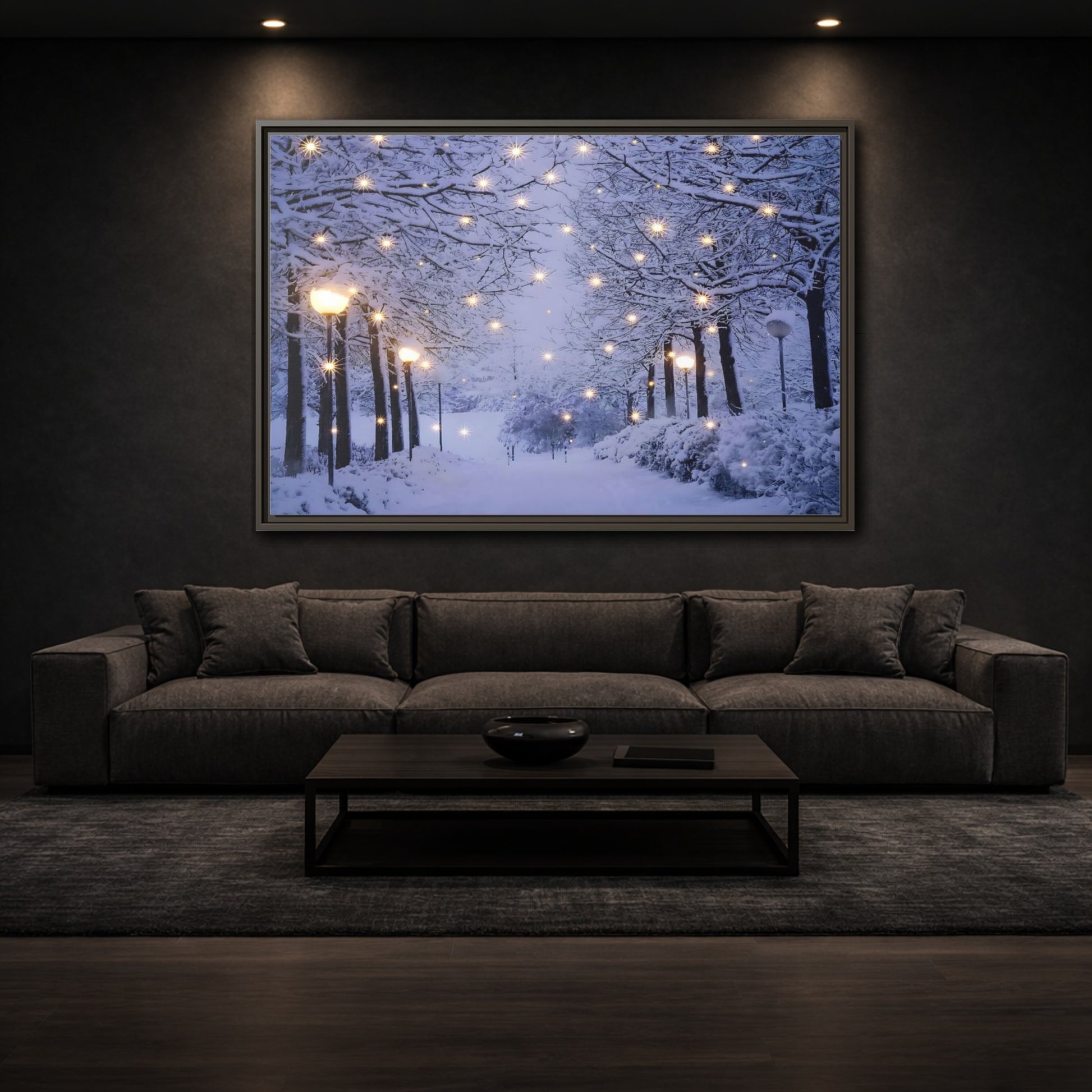 Mockup 2. Nature Snowy Forest Snowy Forest Lights shown as stretched canvas wall art