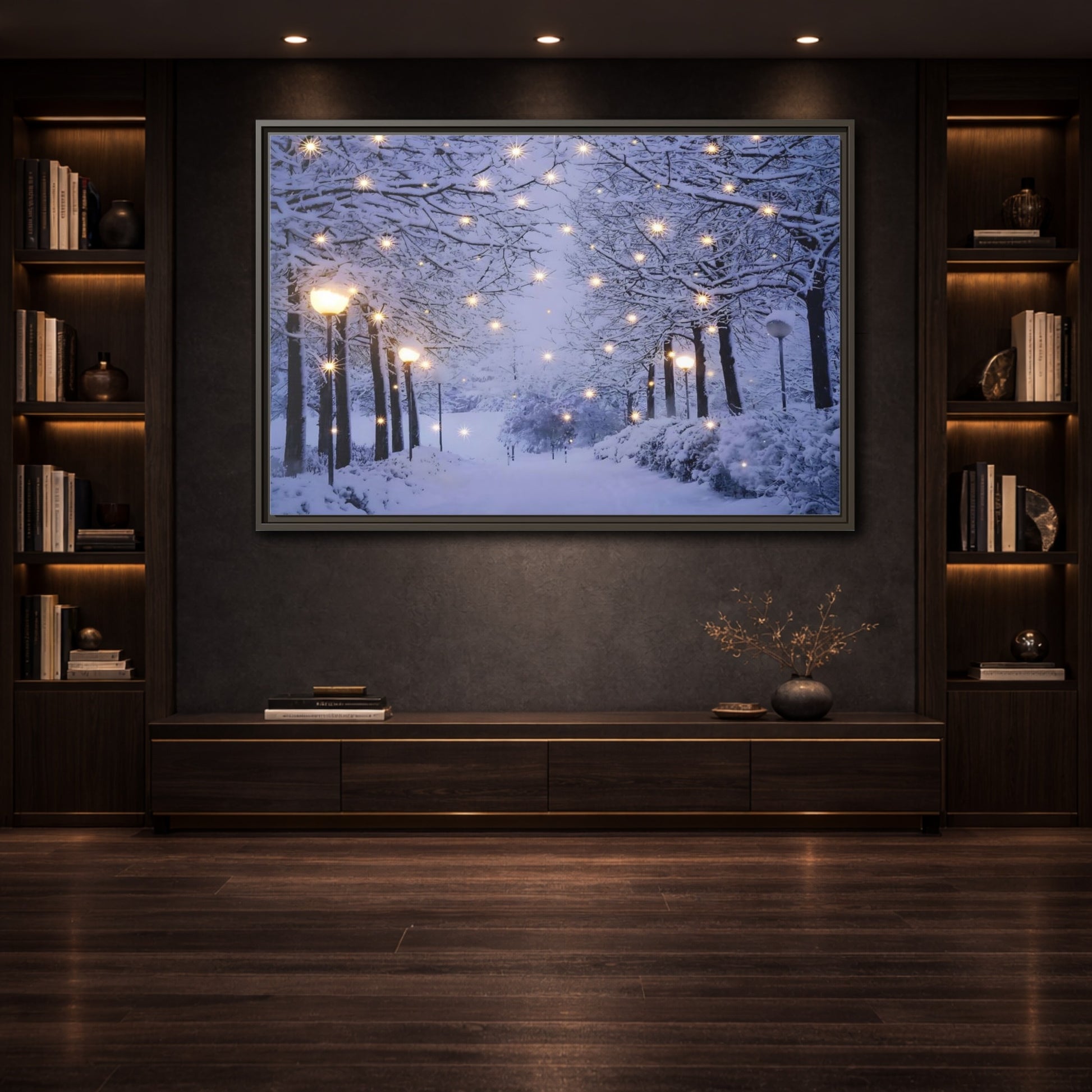Mockup 3. Nature Snowy Forest Snowy Forest Lights shown as stretched canvas wall art