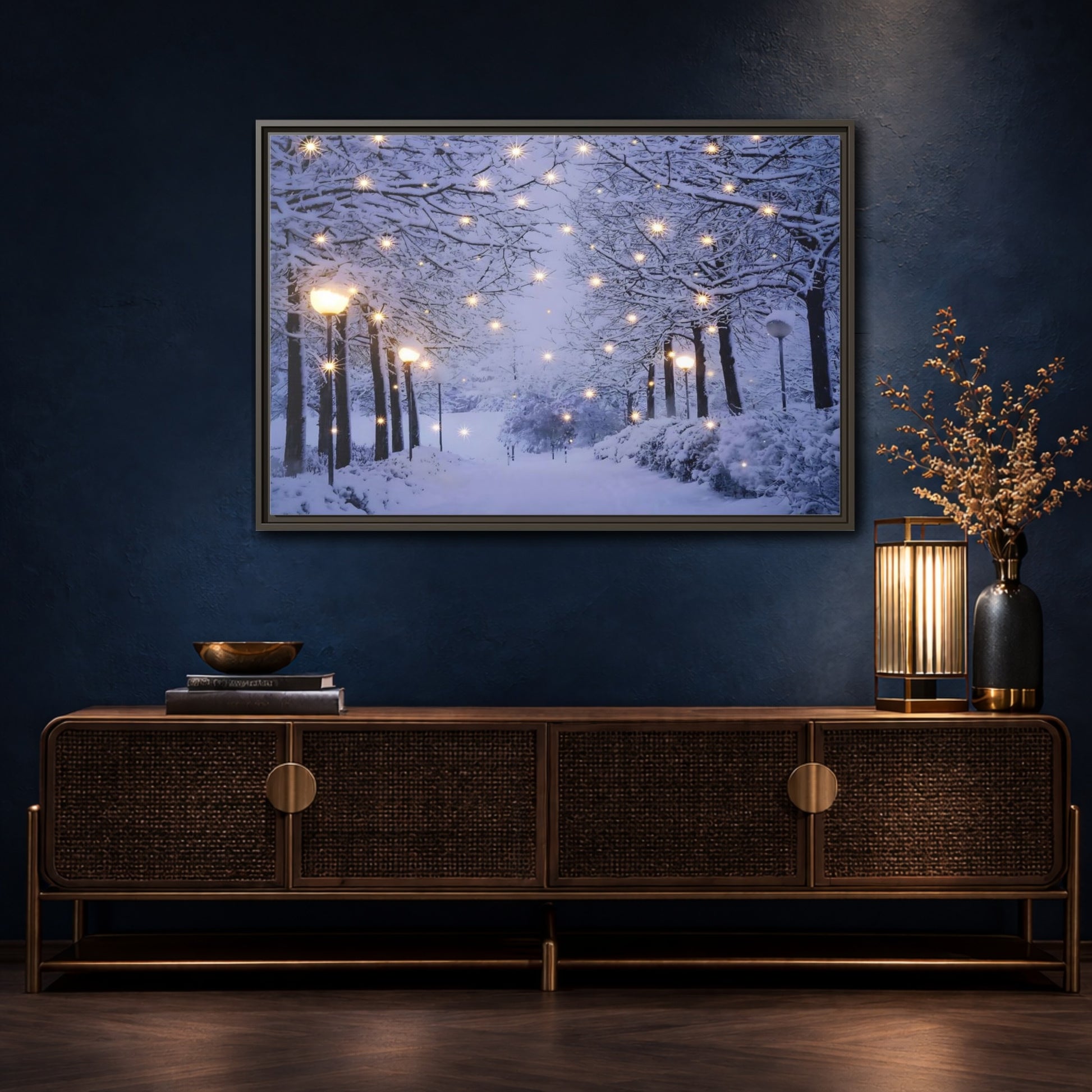 Mockup 4. Nature Snowy Forest Snowy Forest Lights shown as stretched canvas wall art
