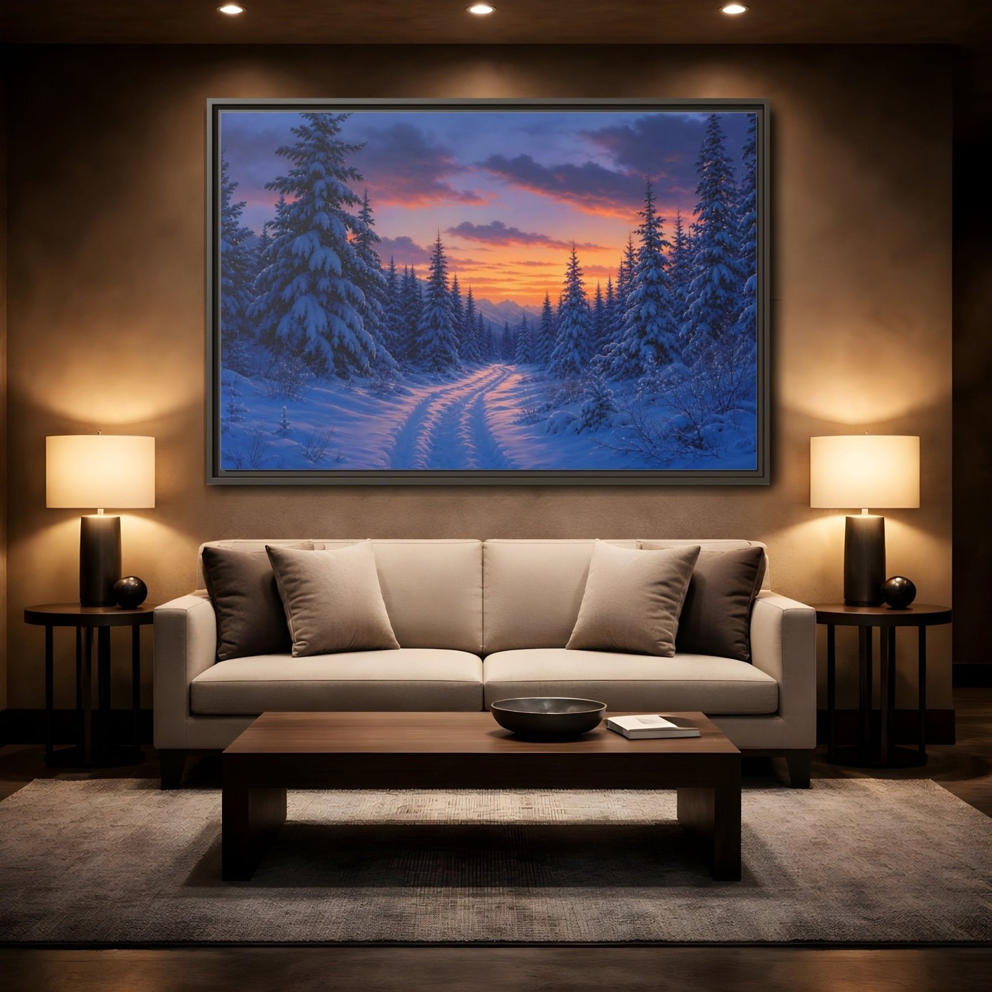 Nature Snowy Forest Sunset Framed Canvas Wall Art Print – Living Room Decor, Above Fireplace - YesArtYes
