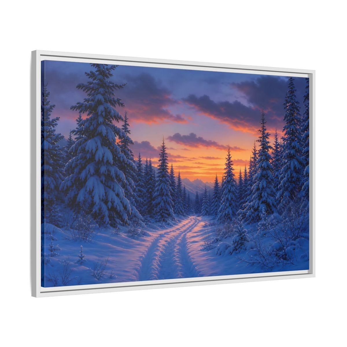 Nature Snowy Forest Sunset Framed Canvas Wall Art Print – Living Room Decor, Above Fireplace - YesArtYes