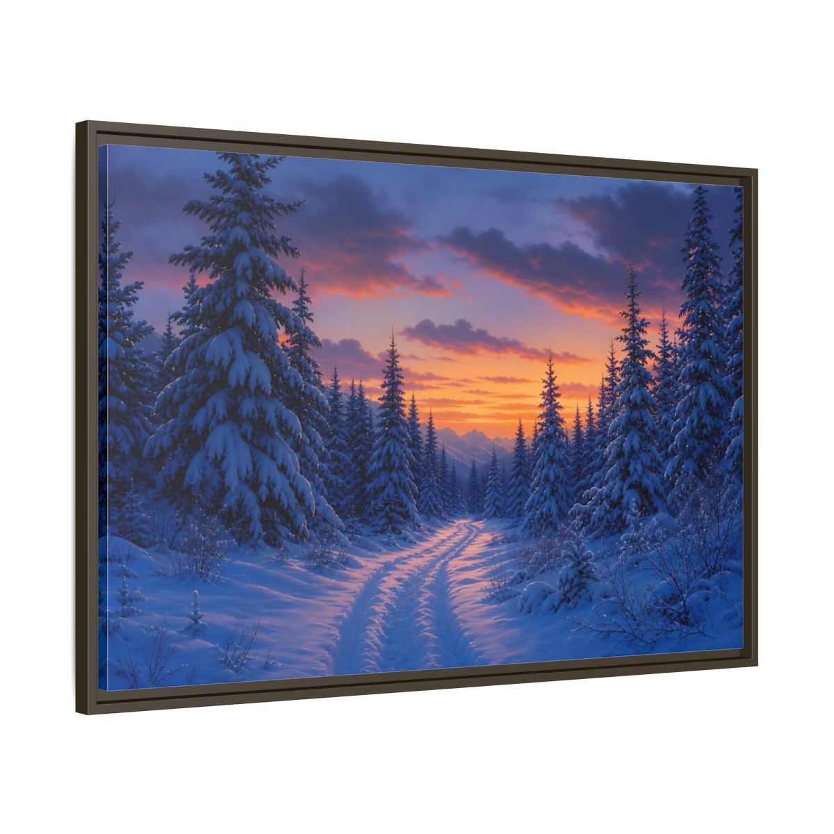 Nature Snowy Forest Sunset Framed Canvas Wall Art Print – Living Room Decor, Above Fireplace - YesArtYes