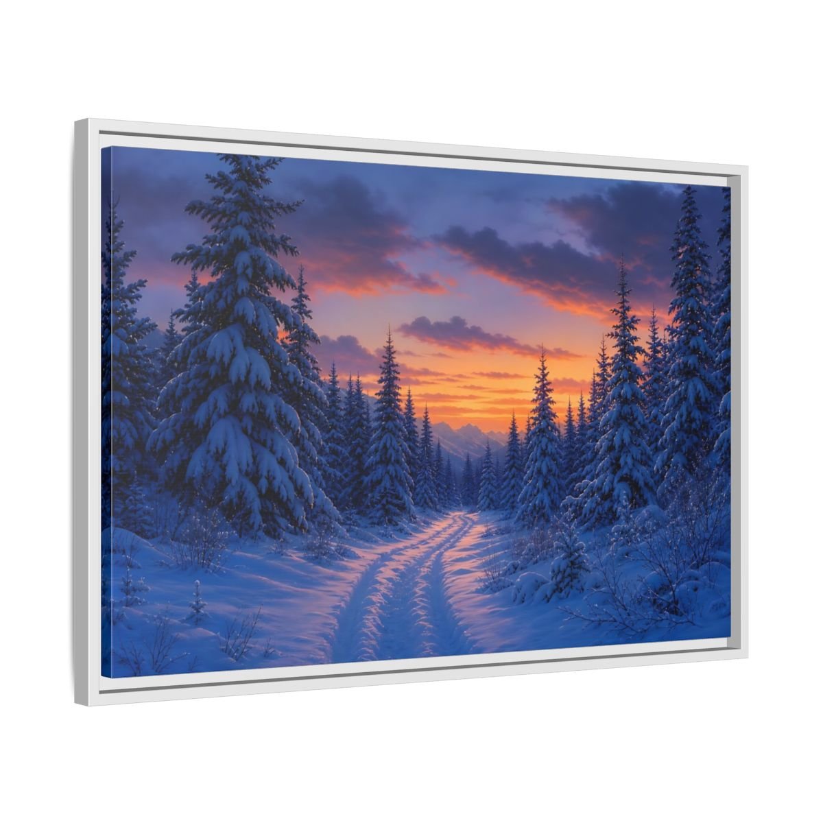 Nature Snowy Forest Sunset Framed Canvas Wall Art Print – Living Room Decor, Above Fireplace - YesArtYes
