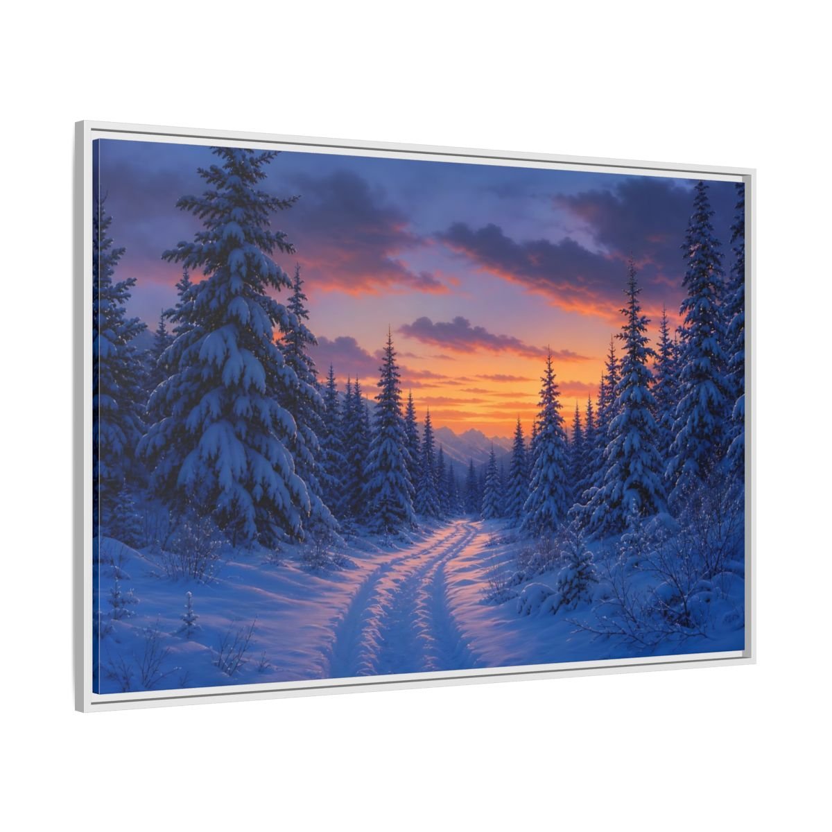 Nature Snowy Forest Sunset Framed Canvas Wall Art Print – Living Room Decor, Above Fireplace - YesArtYes