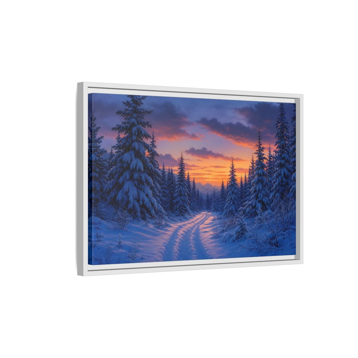 Nature Snowy Forest Sunset Framed Canvas Wall Art Print – Living Room Decor, Above Fireplace - YesArtYes