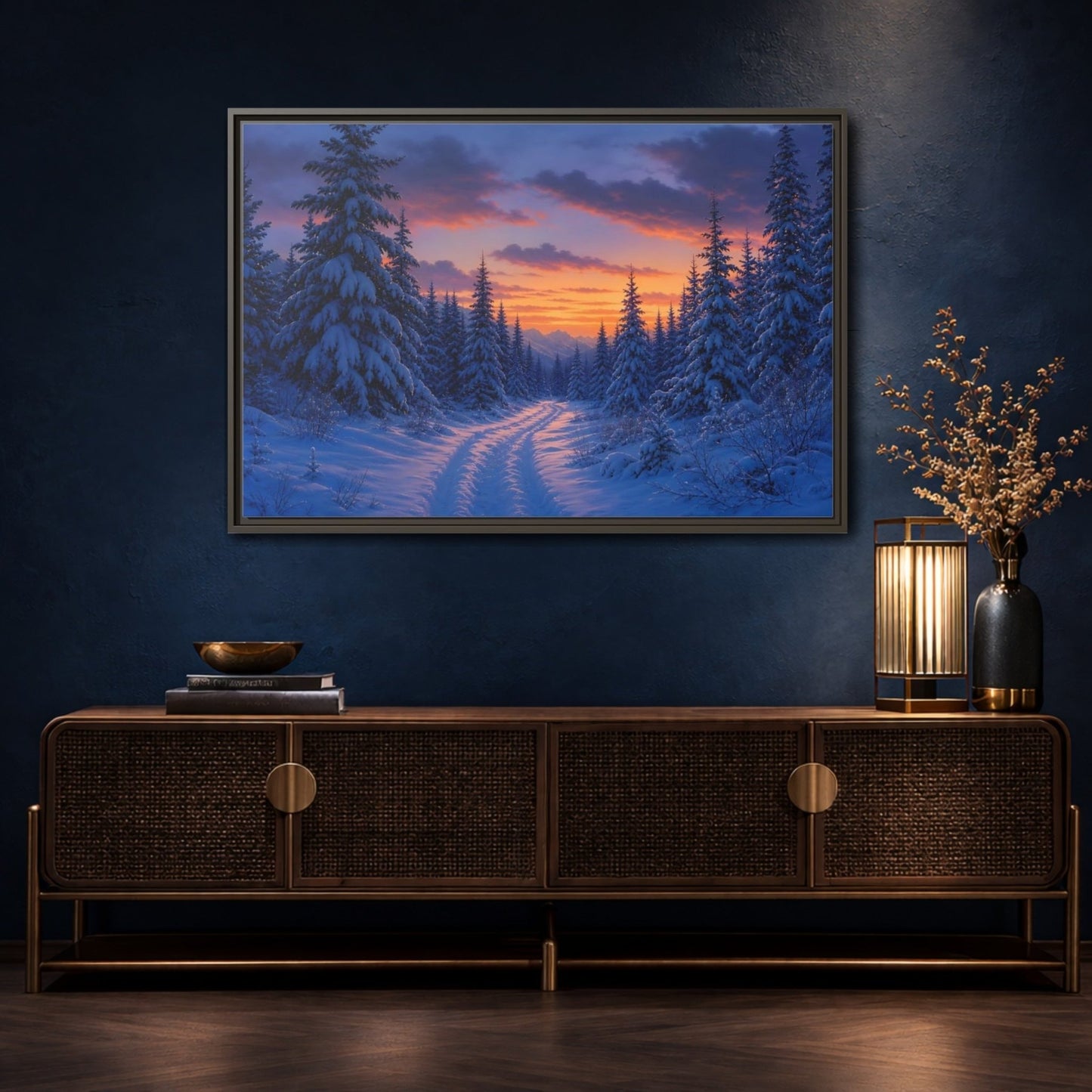 Nature Snowy Forest Sunset Framed Canvas Wall Art Print – Living Room Decor, Above Fireplace - YesArtYes
