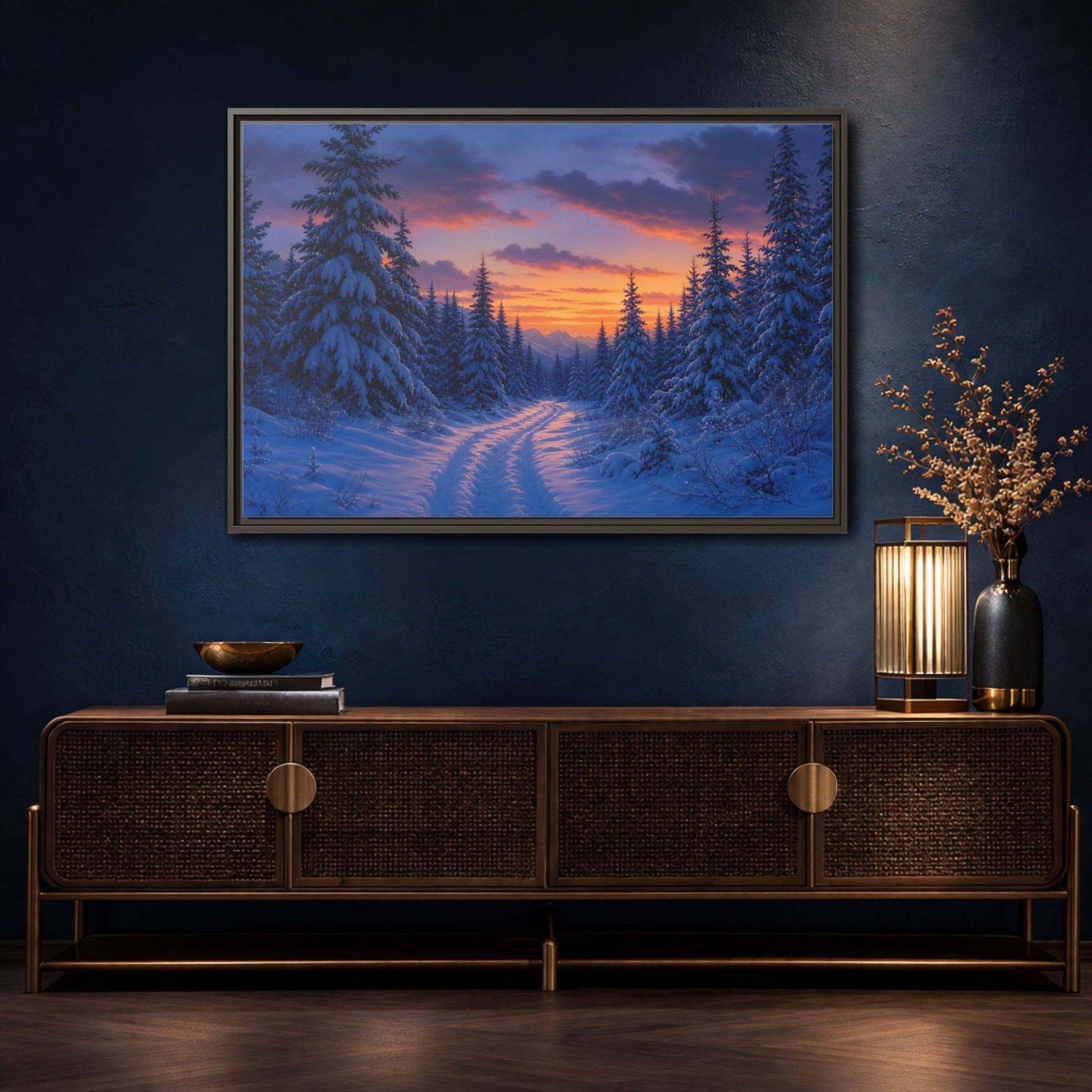 Nature Snowy Forest Sunset Framed Canvas Wall Art Print – Living Room Decor, Above Fireplace - YesArtYes