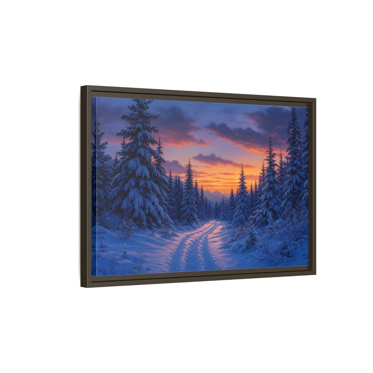 Nature Snowy Forest Sunset Framed Canvas Wall Art Print – Living Room Decor, Above Fireplace - YesArtYes