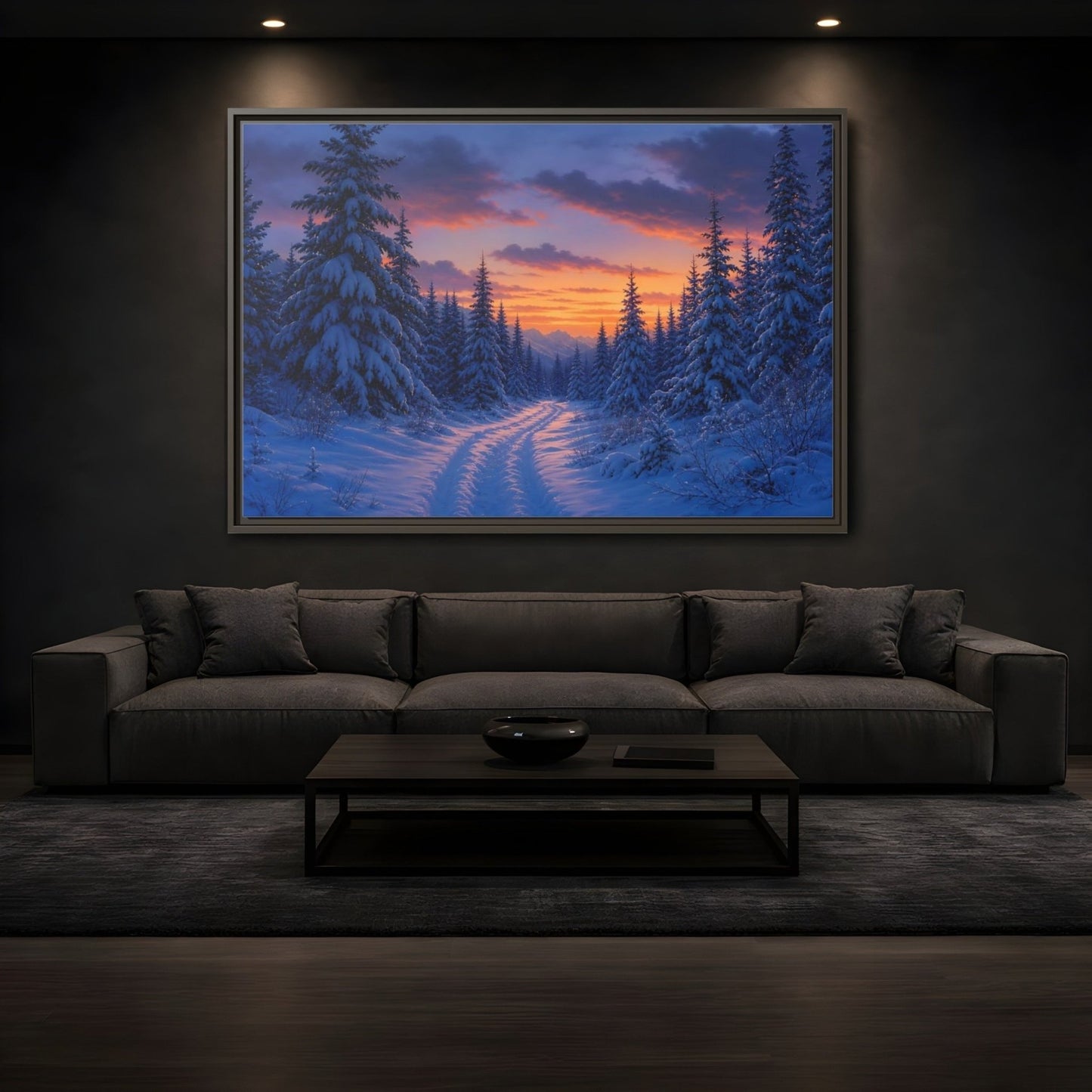 Nature Snowy Forest Sunset Framed Canvas Wall Art Print – Living Room Decor, Above Fireplace - YesArtYes