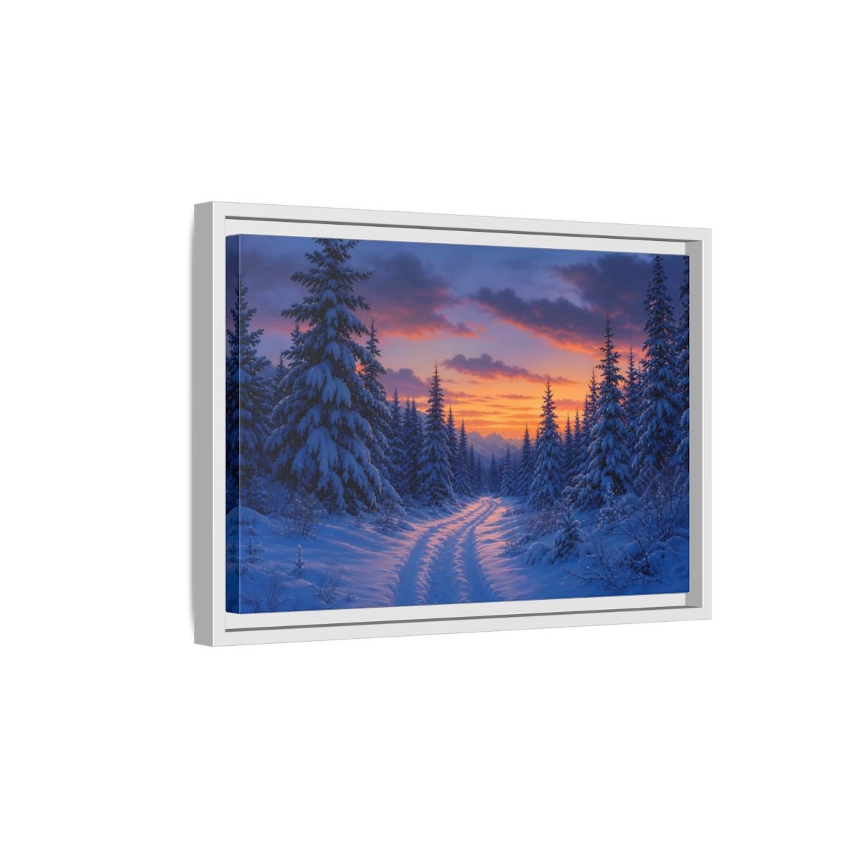 Nature Snowy Forest Sunset Framed Canvas Wall Art Print – Living Room Decor, Above Fireplace - YesArtYes
